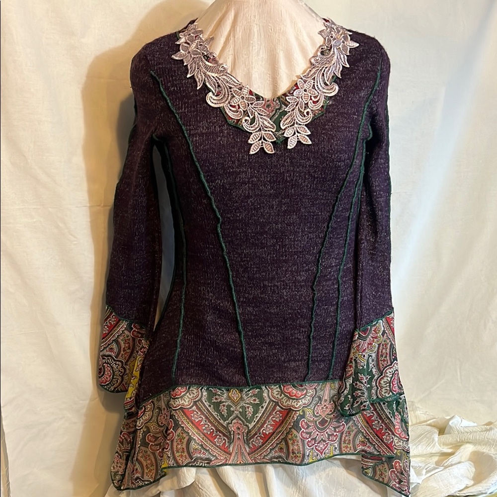 Purple Paisley Green Serged Summer Weight Linen Sweater with Lace Details